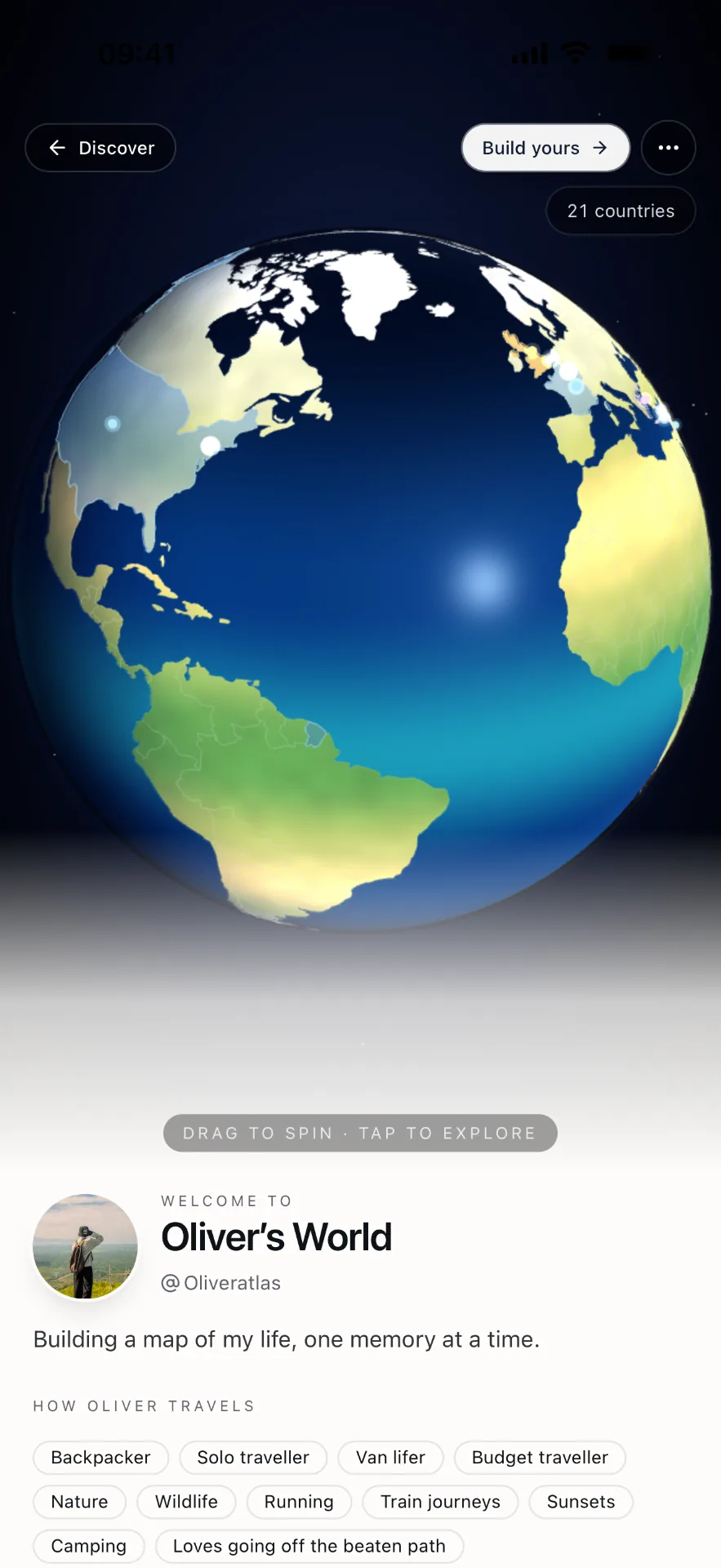 Oriva world globe with visited countries highlighted